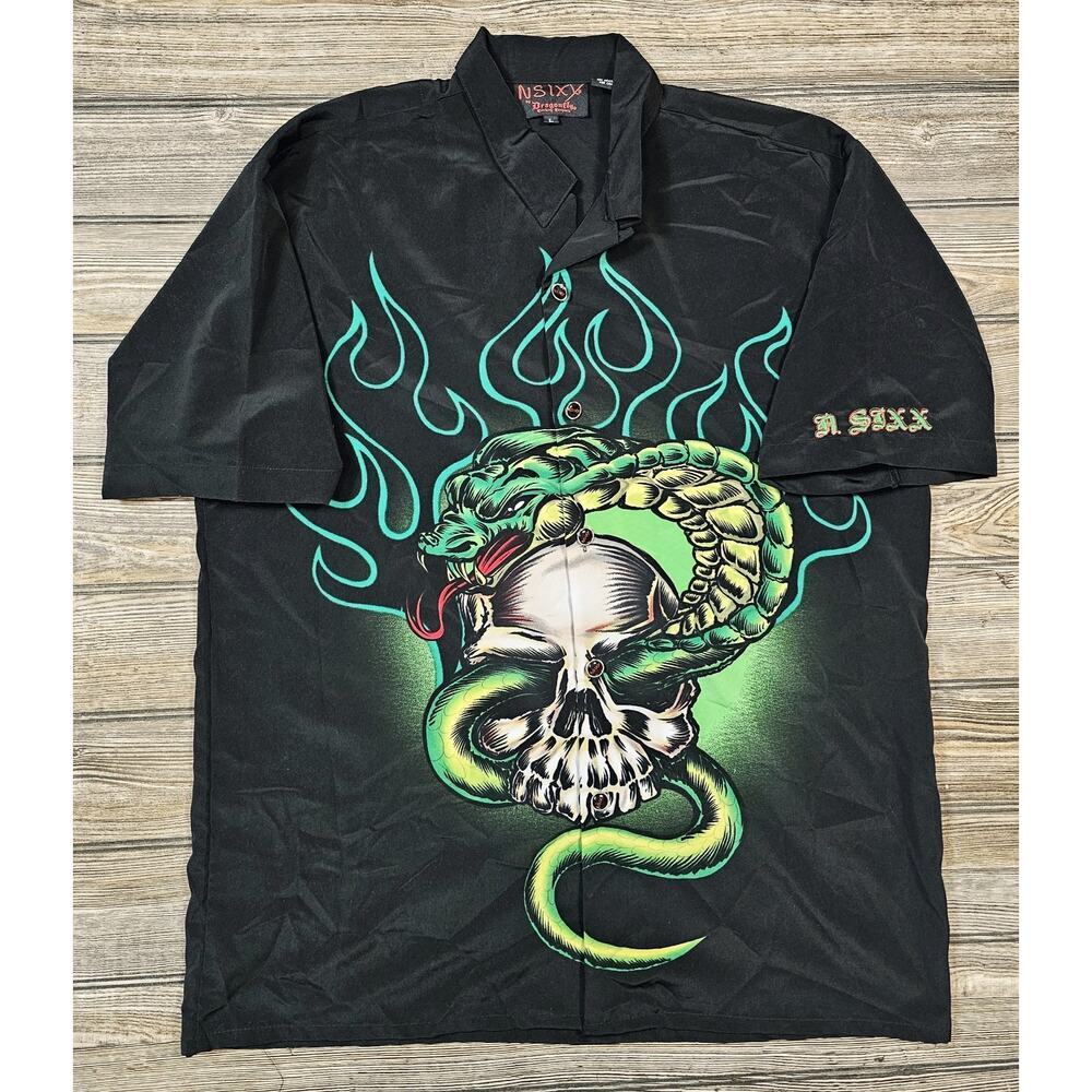 NSIXY by Dragonfly Shirt Mens Large Black Tattoo Skull Snake Flames Green NSIXX